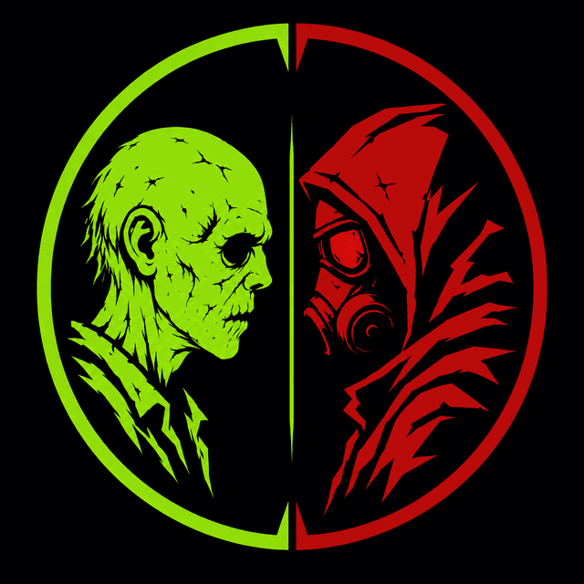 EvilV — gespaltenes Emblem: grüner Zombie und roter Gasmasken-Überlebender